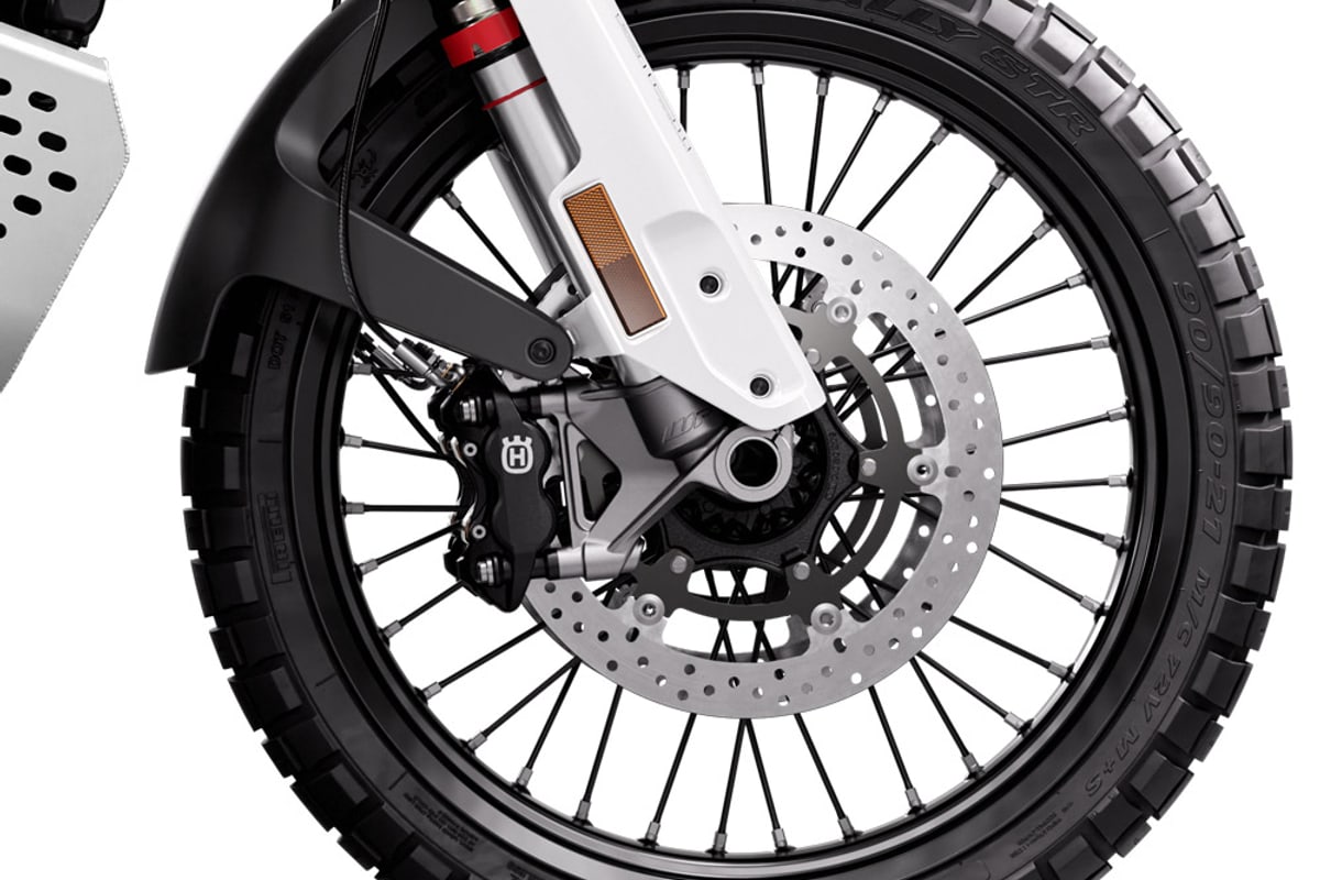 Detail of the Norden 901 Expedition's radially mounted front brake caliper and 320mm disc