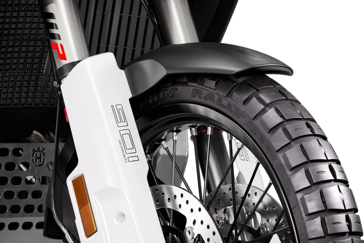 Detail of the Norden 901 Expedition's WP XPLOR fork and front suspension