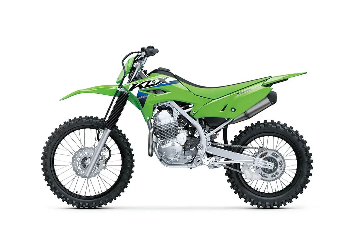 Kawasaki KLX230R S left-side studio profile in Lime Green, showing the chain, Uni-Trak shock and exhaust