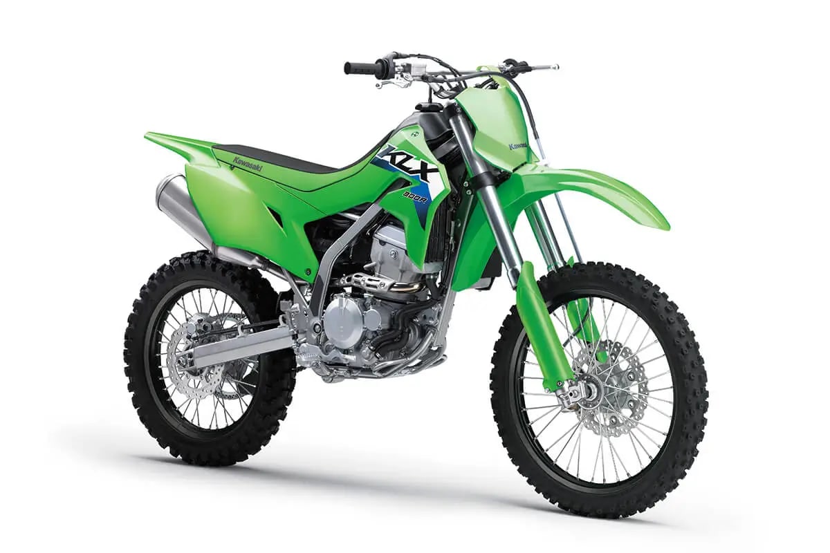 Kawasaki KLX300R front three-quarter studio view showing the front number plate, 43mm inverted fork and front petal disc
