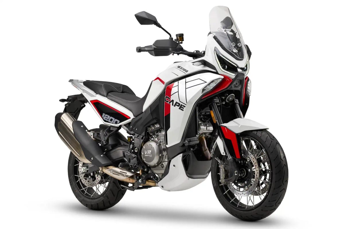 Moto Morini X-Cape 1200 front three-quarter studio view showing the beak fairing, LED headlight, upside-down forks and dual front brake discs