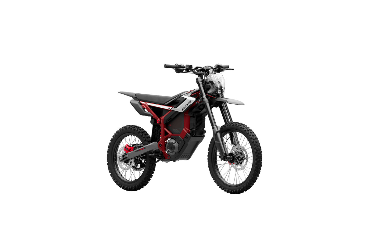 Segway Xaber 300 studio three-quarter view from the opposite side, showing the Marzocchi fork, front disc and knobby tires