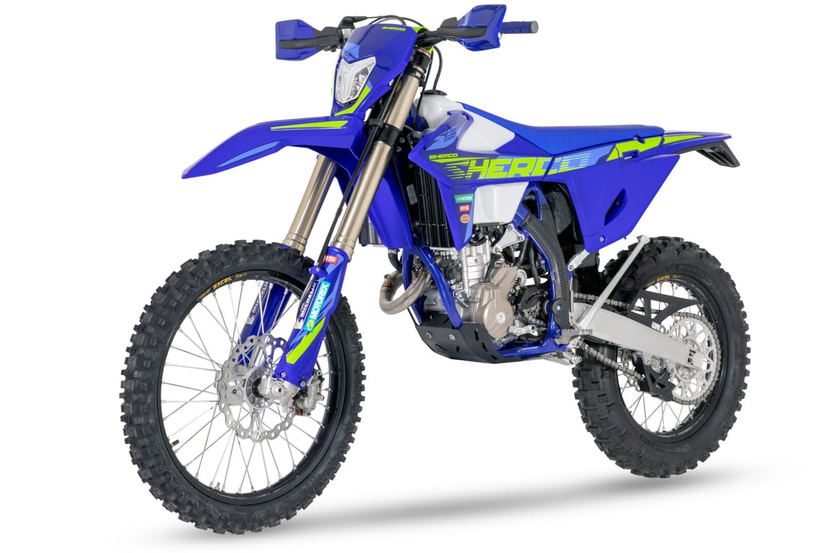 Sherco 250 SEF Factory rear three-quarter studio shot showing the aluminum swingarm, rear disc brake and slim tail section with skid plate