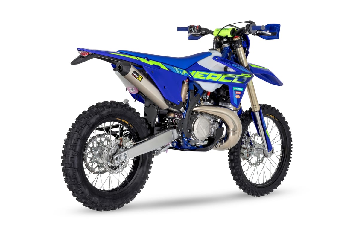 Sherco 300 SE Factory rear three-quarter studio shot showing the tapered muffler, rear disc brake and chain-driven swingarm