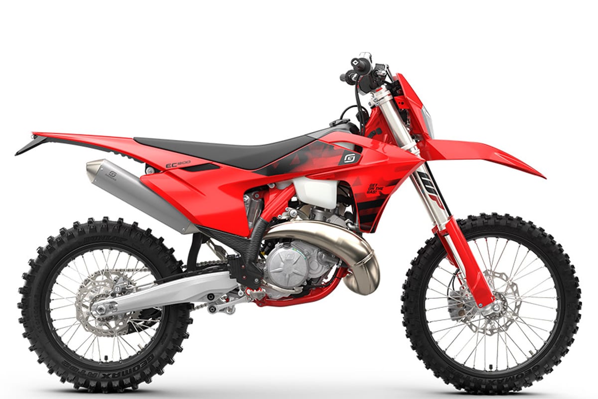 2027 GasGas EC 300 two-stroke enduro in red with black seat graphics, right-side studio profile showing the WP fork and expansion chamber exhaust