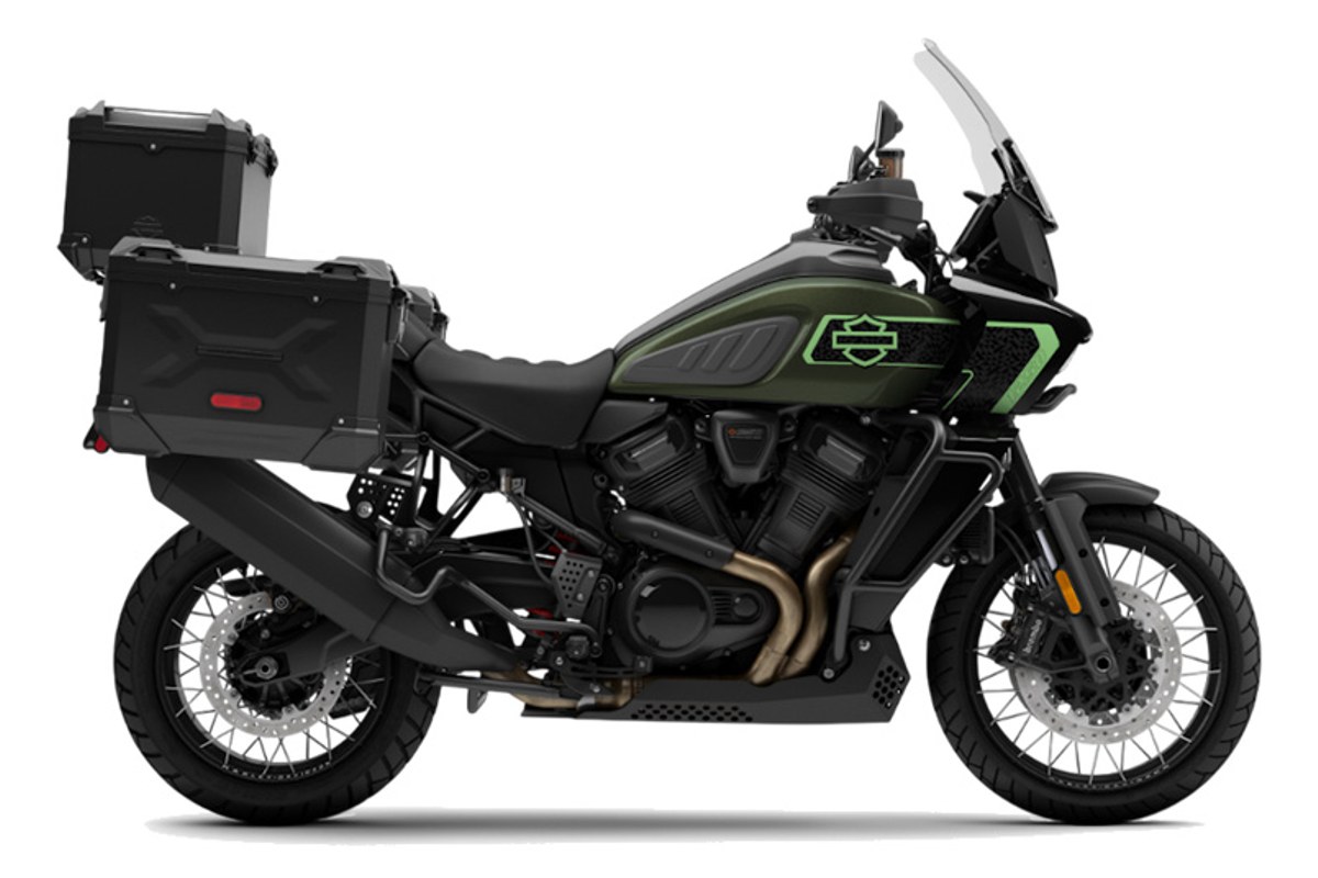 2026 Harley-Davidson Pan America 1250 Limited in matte green, left-side studio profile with panniers, top case and tall windscreen