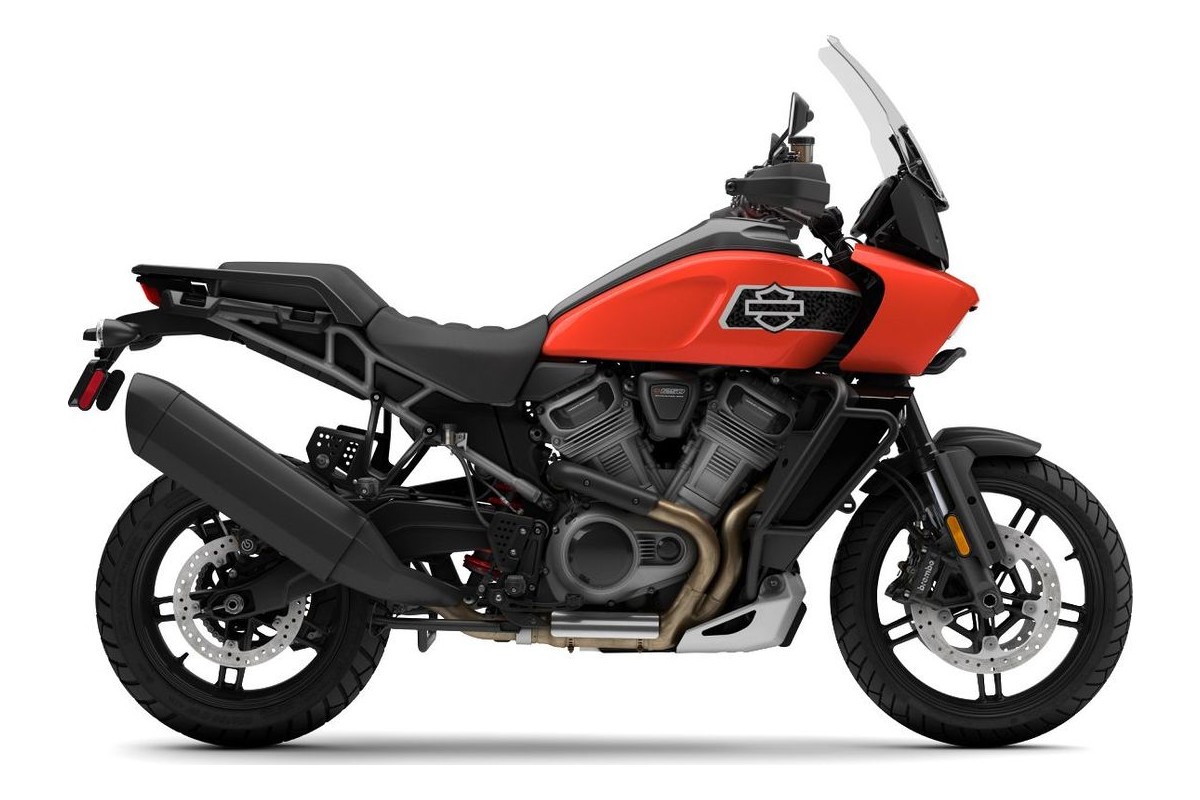 2026 Harley-Davidson Pan America 1250 Special in orange, right-side studio profile showing the V-twin engine, spoked wheels and tall touring windscreen