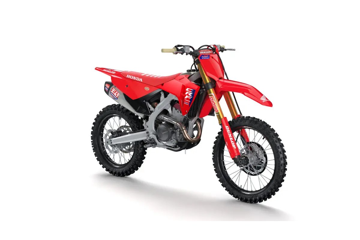 2027 Honda CRF250R HRC Works Edition motocross bike in red, front three-quarter studio profile showing gold Showa forks and Yoshimura exhaust