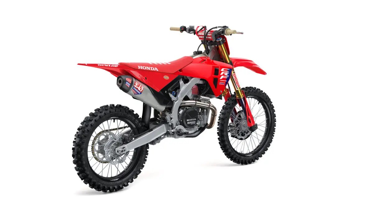 2027 Honda CRF450R HRC Works Edition motocross bike in red, right-side studio profile showing gold Showa forks and Renthal fatbar