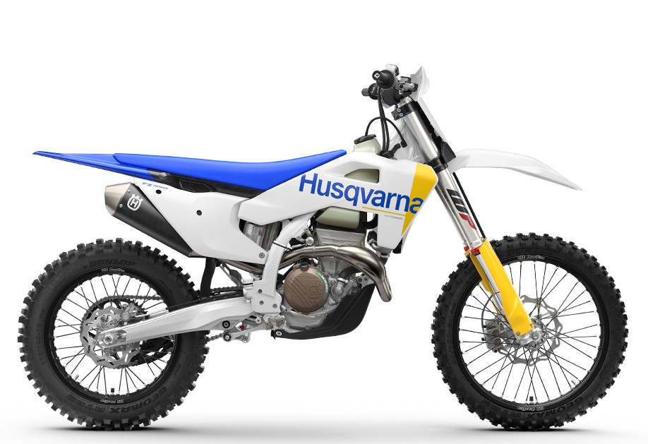 2027 Husqvarna FX 350 cross-country bike in white and blue, right-side studio profile with WP yellow fork and Dunlop knobby tires