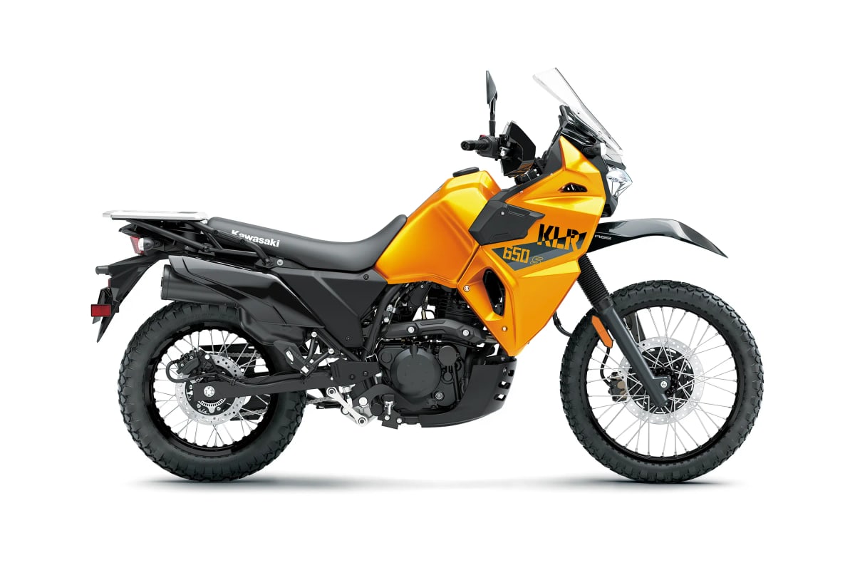2026 Kawasaki KLR650 S in Pearl Solar Yellow, right-side studio profile on white showing the tall screen, 21-inch front wheel and side panels
