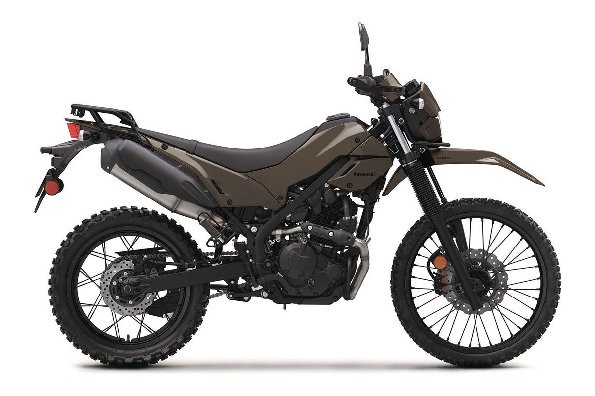 2026 Kawasaki KLX230 DF ABS dual-sport in matte bronze, right-side studio profile showing spoked wheels, dual exhaust cans and rear luggage rack