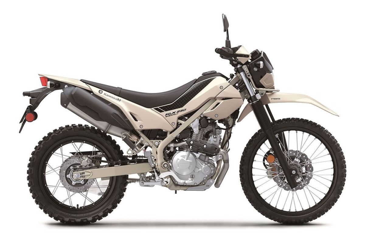 2026 Kawasaki KLX230 Sherpa S ABS in cream and black, right-side studio profile showing spoked wheels, upswept exhaust and long-travel forks