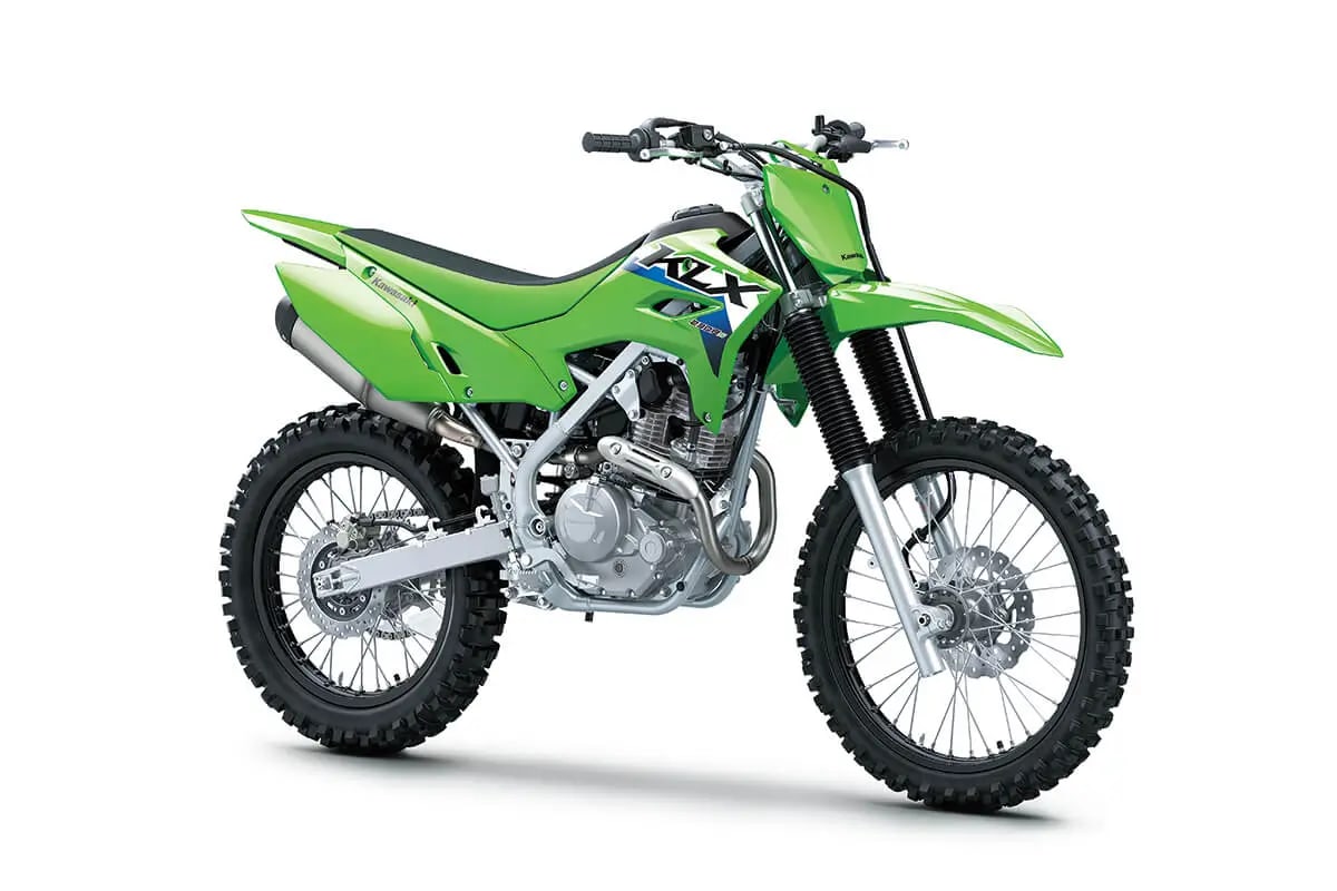 2027 Kawasaki KLX230R S off-road bike in Lime Green, right-side studio profile on white showing the telescopic fork, petal disc and knobby tyres