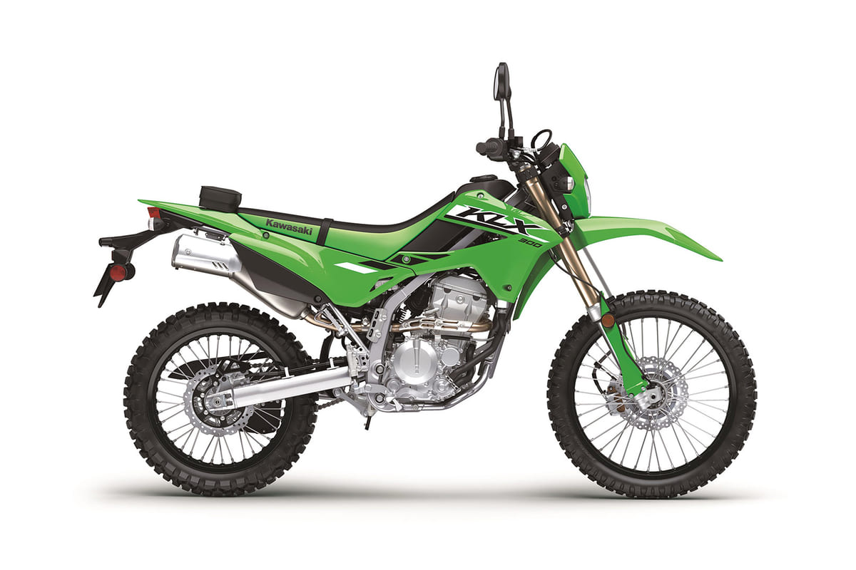 2026 Kawasaki KLX300 in Lime Green, right-side studio profile showing spoked wheels, gold forks and the twin exhaust silencer