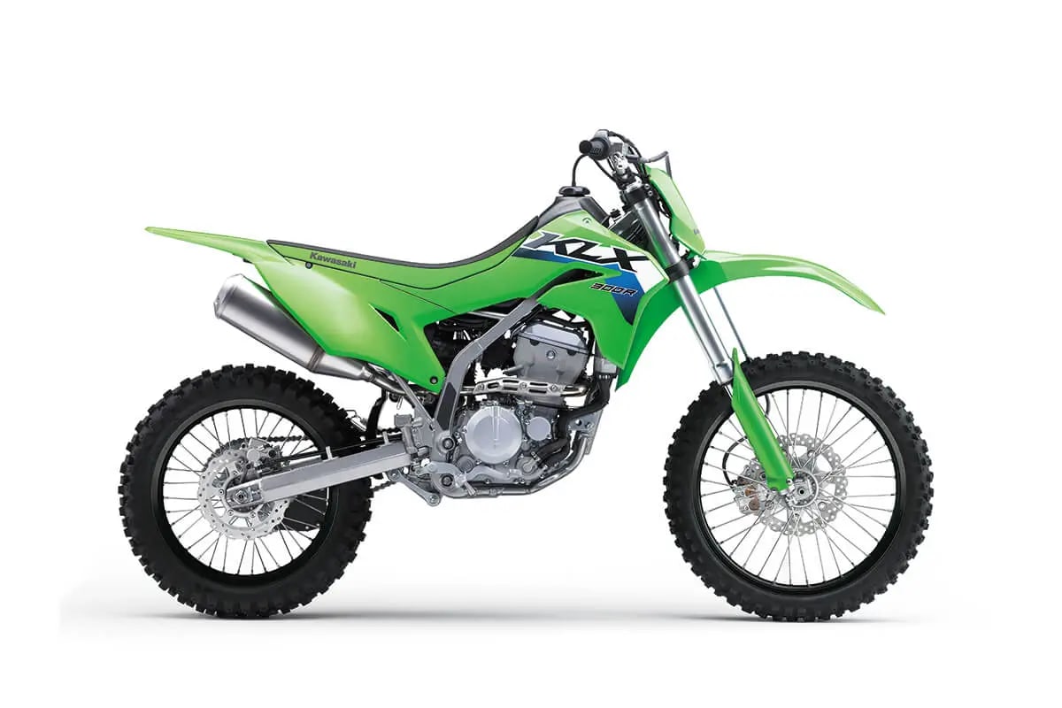 2027 Kawasaki KLX300R off-road bike in Lime Green, right-side studio profile on white showing the inverted fork, petal disc and knobby tyres