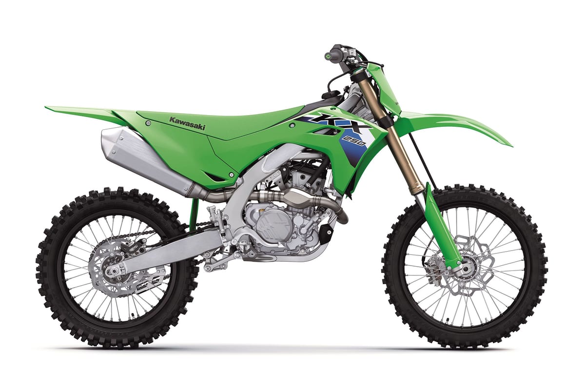 2027 Kawasaki KX250F motocross bike in lime green, right-side studio profile showing the gold-coated fork, white number plate graphics and silver exhaust canister