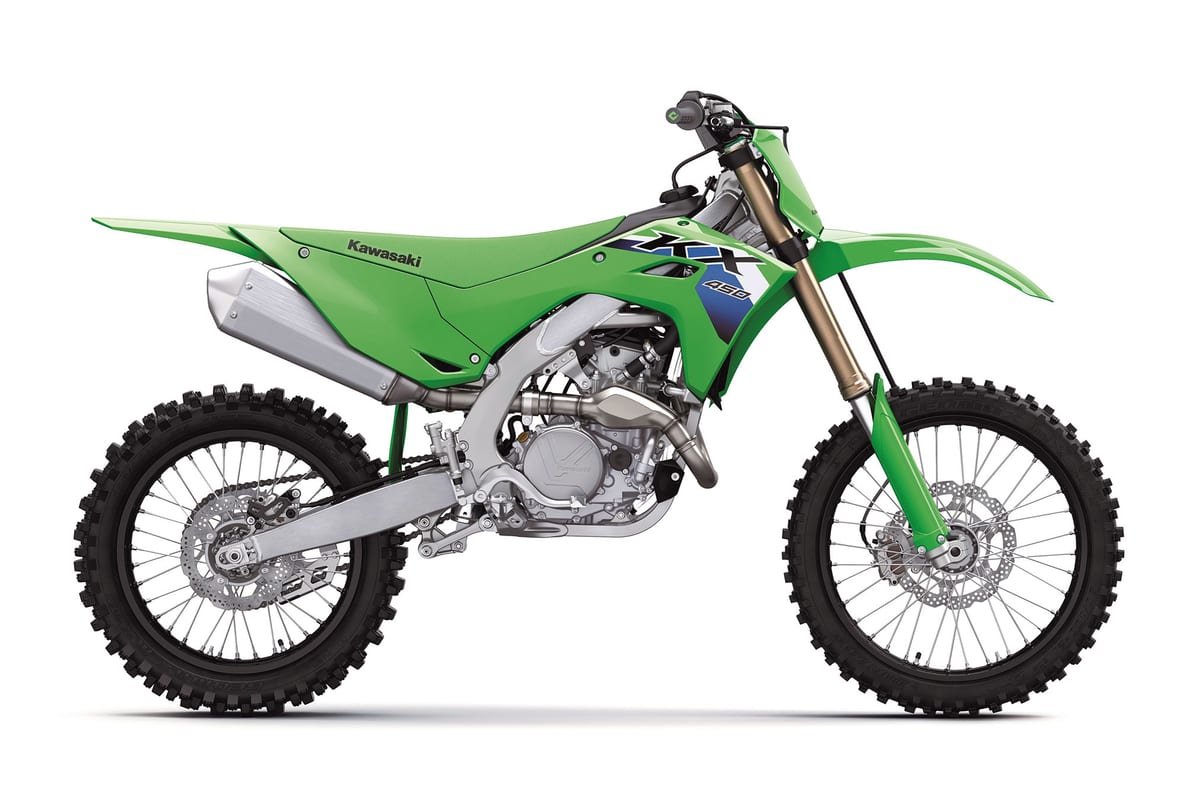 2027 Kawasaki KX450F motocross bike in lime green, right-side studio profile showing the gold-coated forks and KX450 shroud graphics