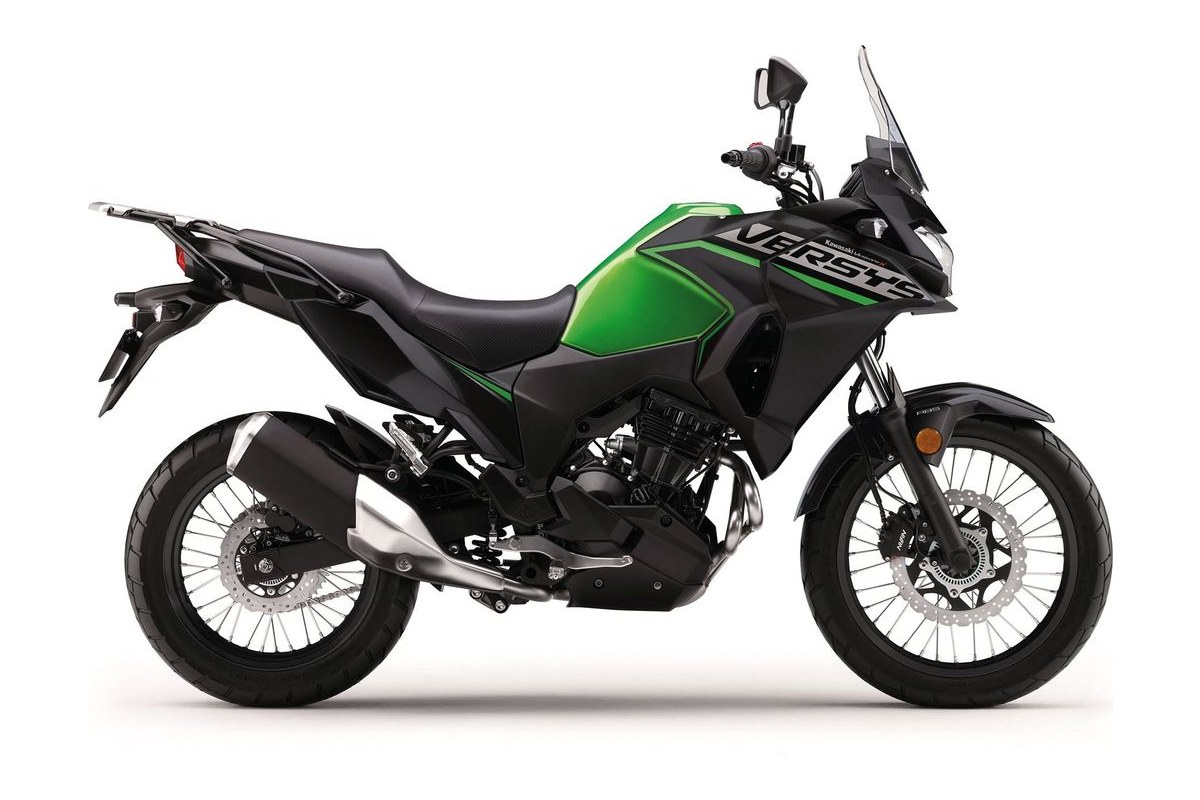 2026 Kawasaki Versys-X 300 ABS in matte black and grey, right-side studio profile showing spoked wheels, tall windscreen and rear rack