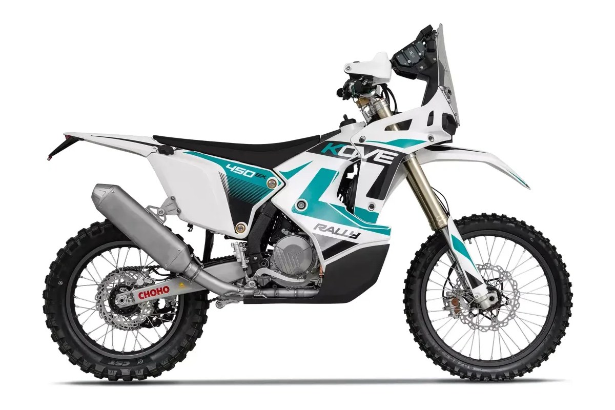 2026 Kove 450 Rally dual-sport motorcycle in white, teal and red, right-side studio profile showing tall windscreen, spoked wheels and upswept exhaust