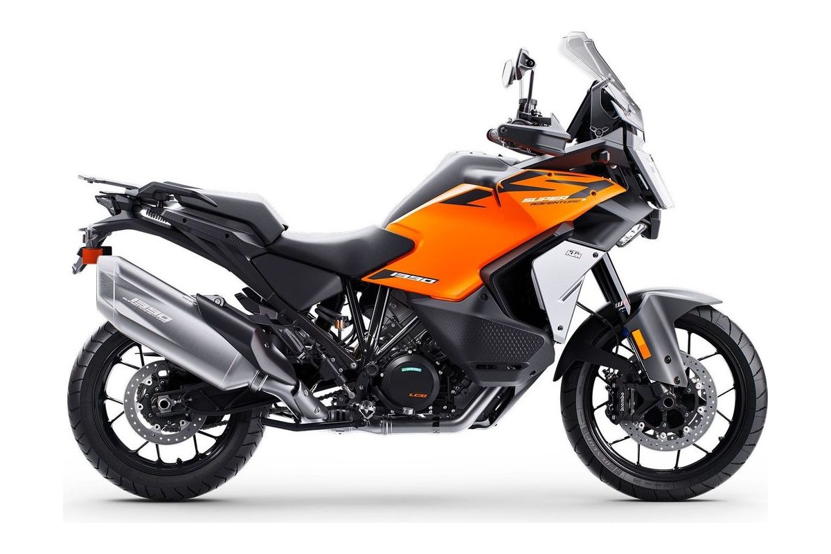 2027 KTM 1390 Super Adventure S EVO in orange and grey, right-side studio profile showing the tall windscreen, spoked wheels and side-mounted silver exhaust