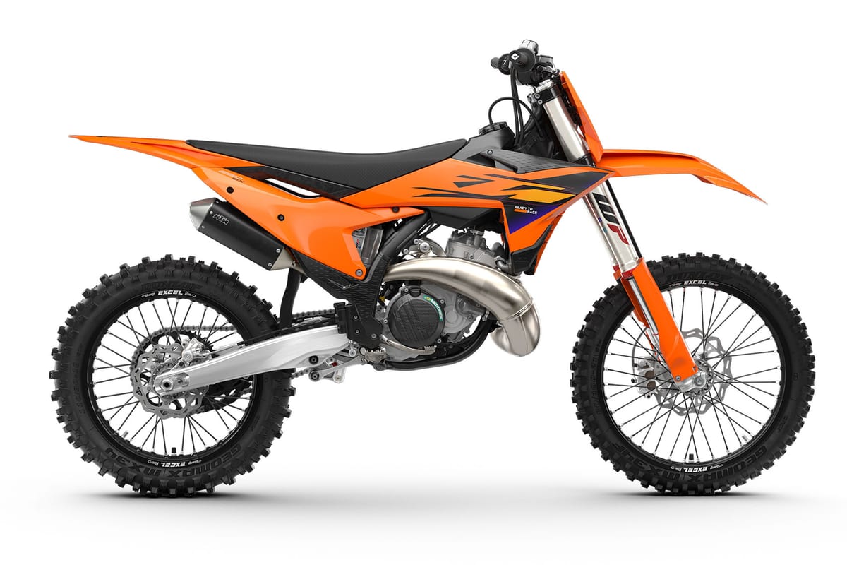 2027 KTM 250 SX motocross bike in orange with black seat, right-side studio profile showing the expansion chamber pipe and Excel wheels