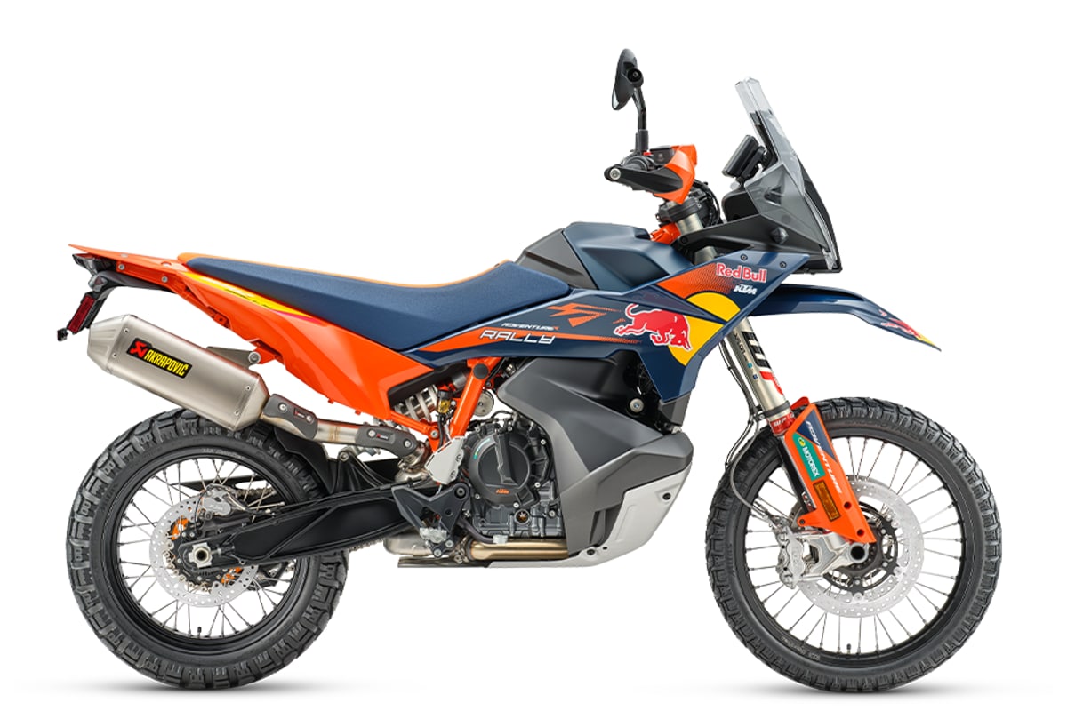 2027 KTM 890 Adventure R Rally in orange and black, right-side studio profile showing the WP XPLOR PRO fork, rally tower and 21-inch front wheel