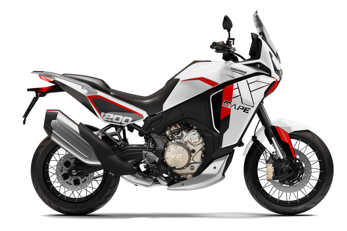 2027 Moto Morini X-Cape 1200 adventure motorcycle in white with red and black graphics, left-side studio profile showing spoked wheels and V2 engine
