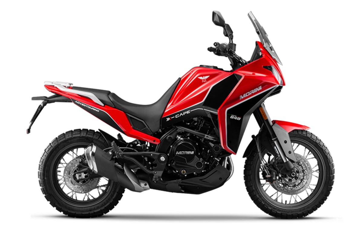 2024 Moto Morini X-Cape 650 in red and black, right-side studio profile on white showing the Marzocchi fork, beak fairing and Akront spoke wheels