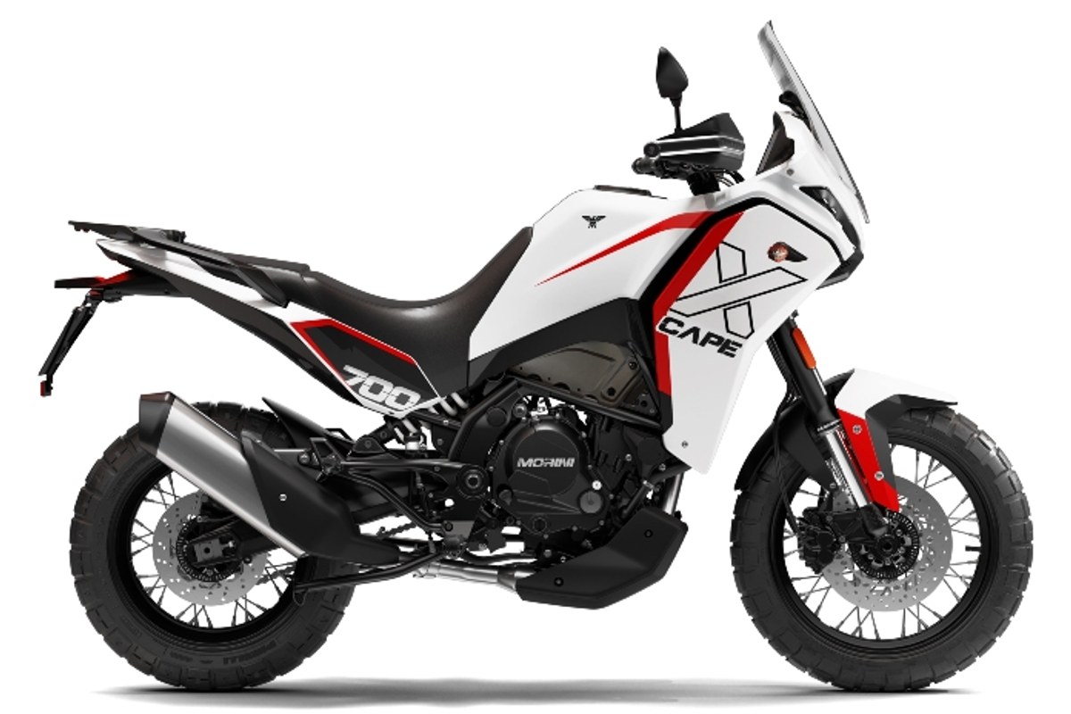 2026 Moto Morini X-Cape 700 adventure motorcycle in white with red graphics, right-side studio profile showing spoked wheels and knobby tires