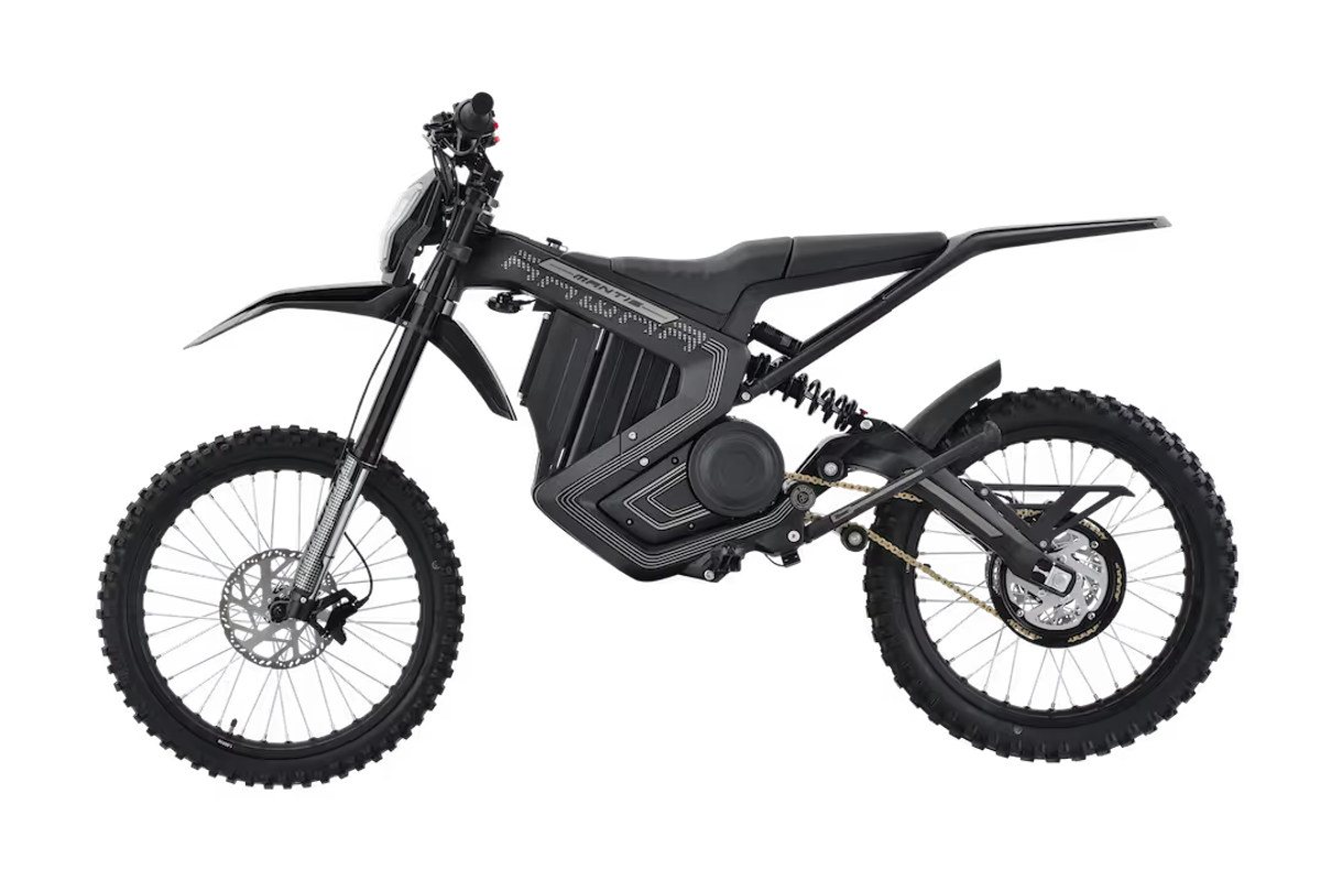 Rawrr 72V Mantis electric dirt bike in black, left-side studio profile on a white background