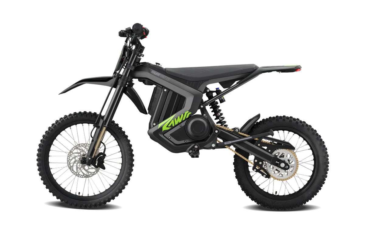 Rawrr Mantis X Pro electric dirt bike in black with green accents, left-side studio profile on a white background