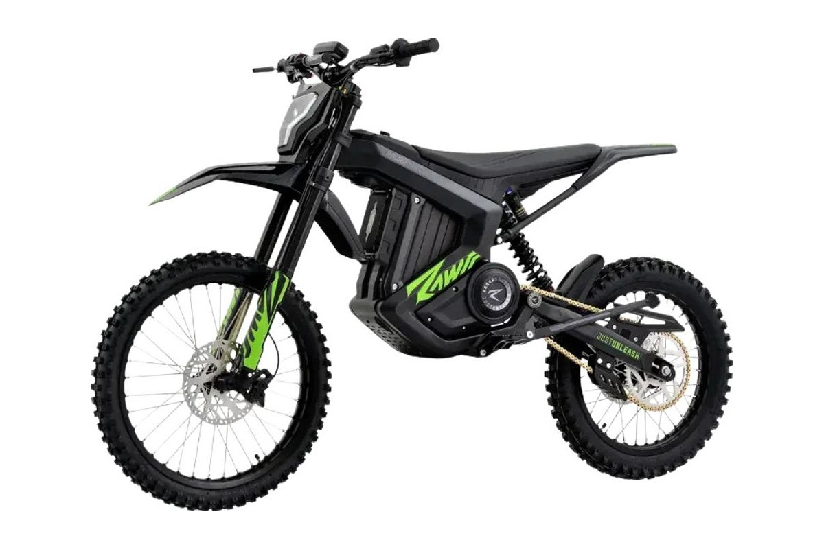 Rawrr Mantis X electric dirt bike in black with green graphics, front three-quarter studio view on a white background