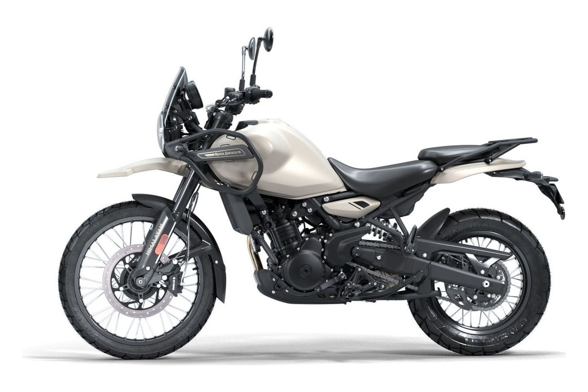 2026 Royal Enfield Himalayan 450 adventure motorcycle in sand beige, left-side studio profile showing spoked wheels and tall windscreen