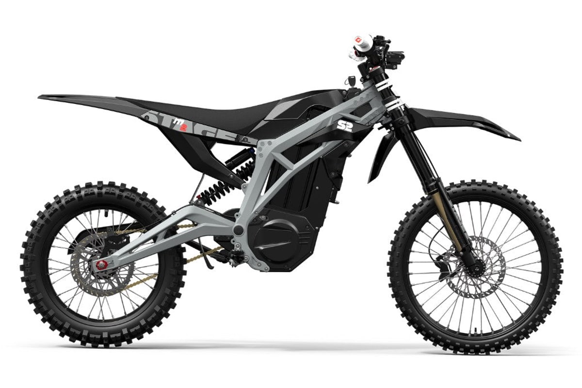 2026 Stage2 M2 electric dirt bike in black with a grey alloy frame, right-side studio profile on a white background