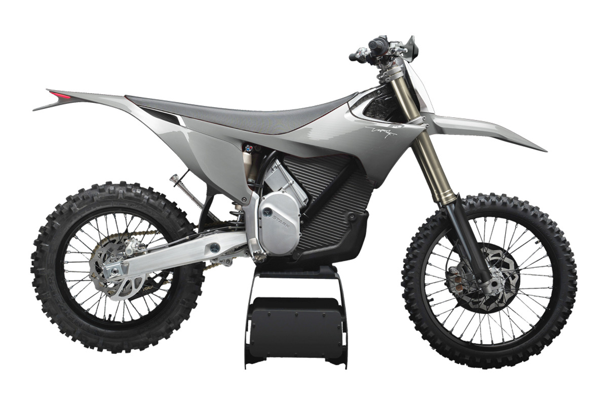 Stark Varg EX electric enduro bike in grey, right-side studio profile on a white background