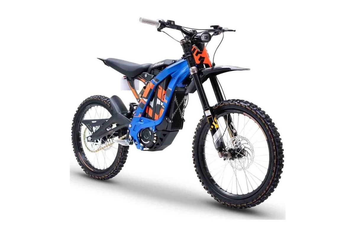Sur-Ron Light Bee X electric dirt bike in blue, front three-quarter studio view on a white background