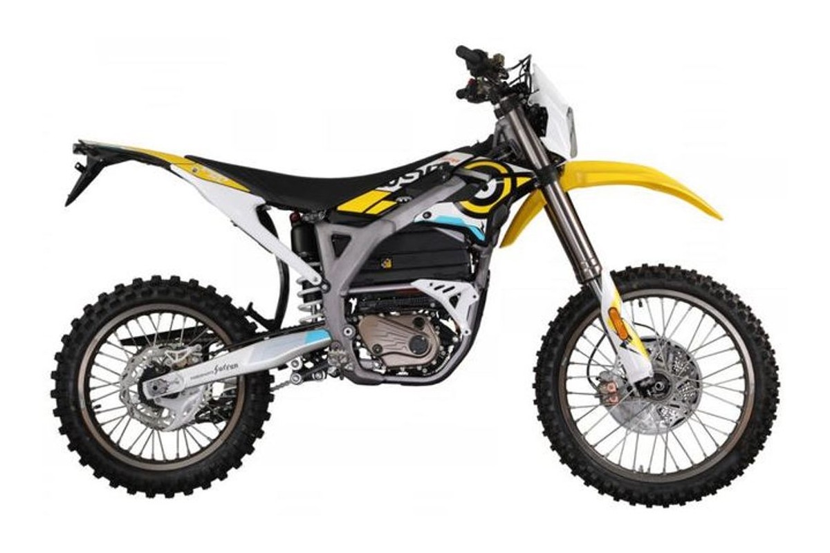 Sur-Ron Storm Bee F electric dirt bike in yellow and white, right-side studio profile on a white background