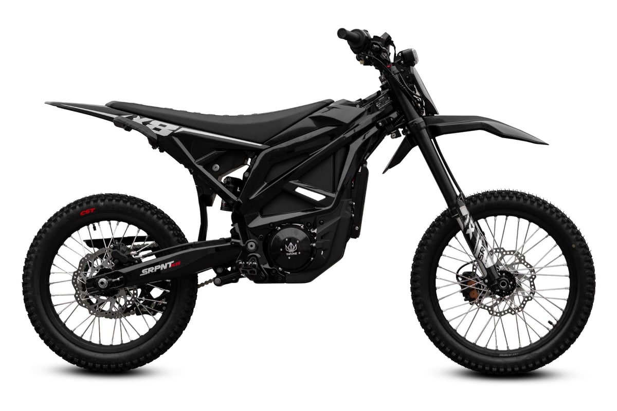 2026 Throne SRPNT X8 electric dirt bike in gloss black, right-side studio profile on a white background
