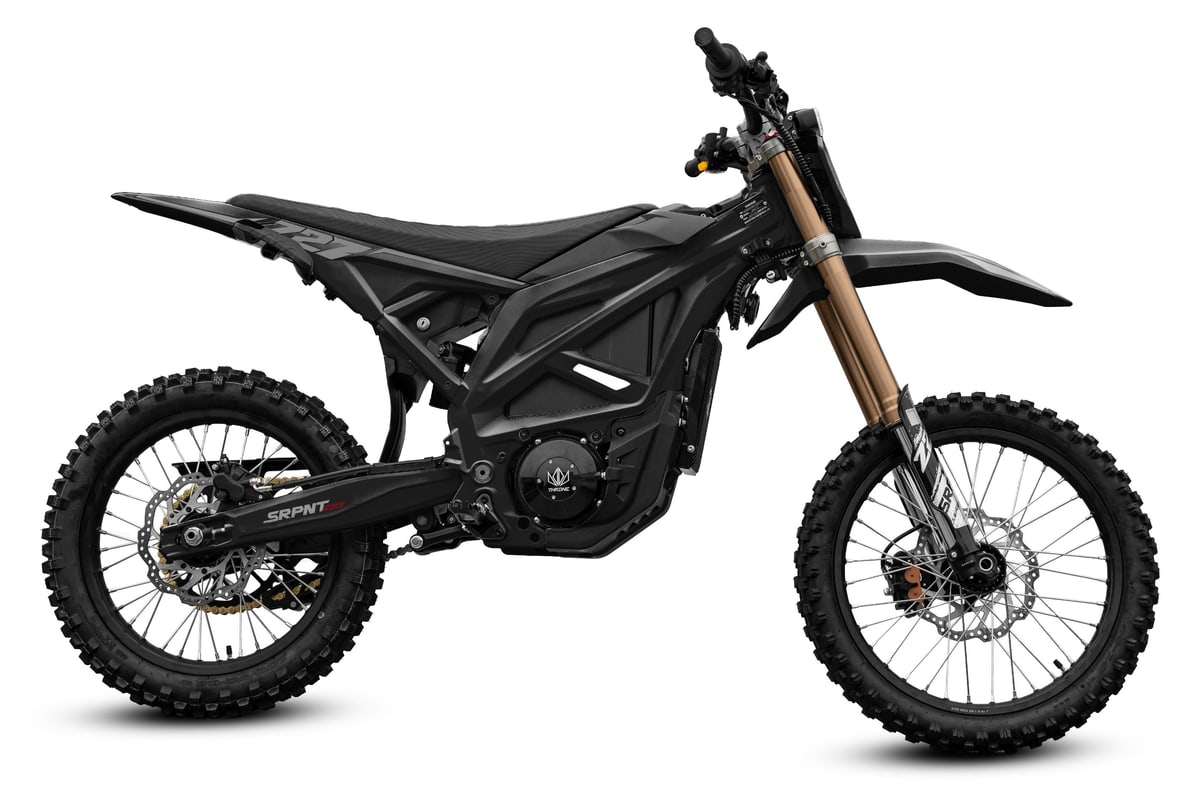 2026 Throne SRPNT Z27 electric dirt bike in black with bronze fork lowers, right-side studio profile on a white background
