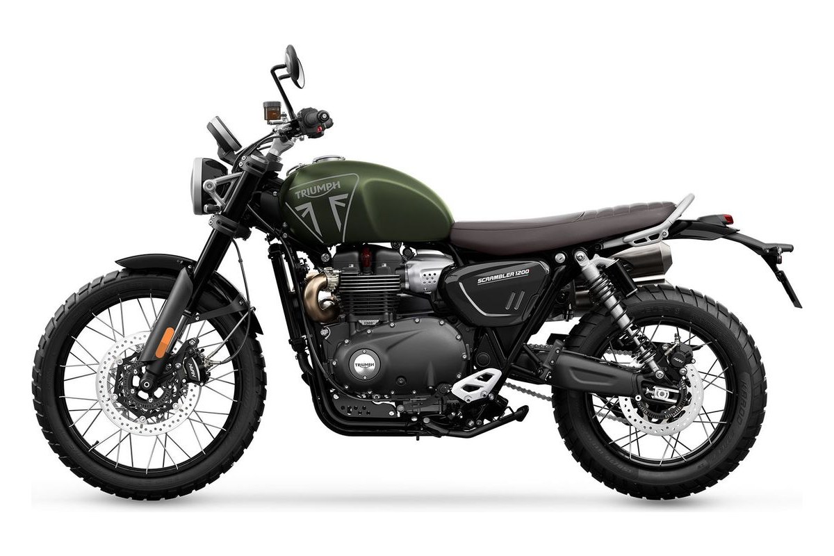 2026 Triumph Scrambler 1200 X in matte green with brown seat, right-side studio profile showing twin high-mounted silencers and spoked wire wheels
