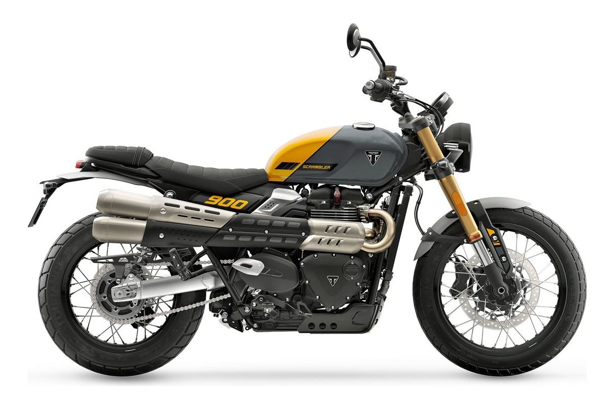 2026 Triumph Scrambler 900 in grey and yellow, right-side studio profile showing twin high-mounted exhausts and spoked wheels