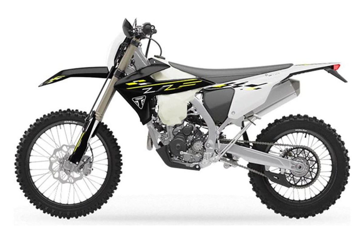 2026 Triumph TF 250-E enduro in white and black with yellow graphics, right-side studio profile showing inverted forks and spoked wheels