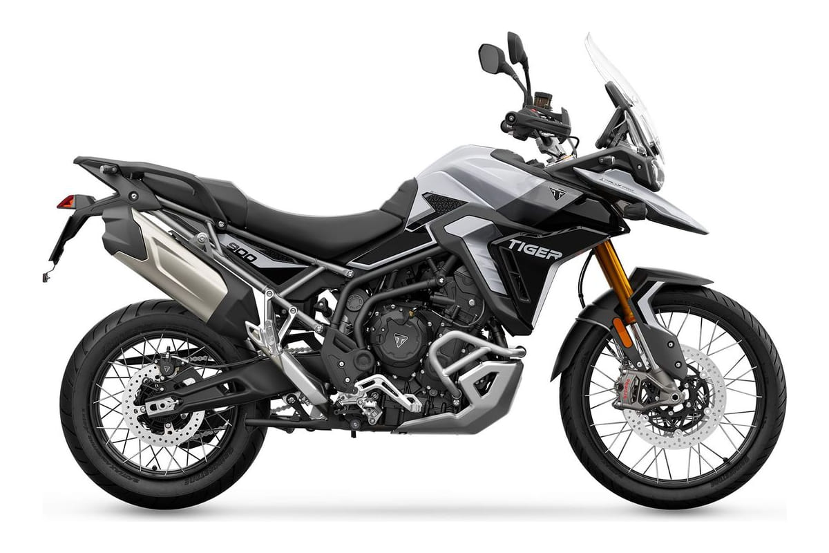 2026 Triumph Tiger 900 Rally Pro adventure motorcycle in black and white, right-side studio profile showing the spoked wheels, gold-anodized forks and tall windscreen