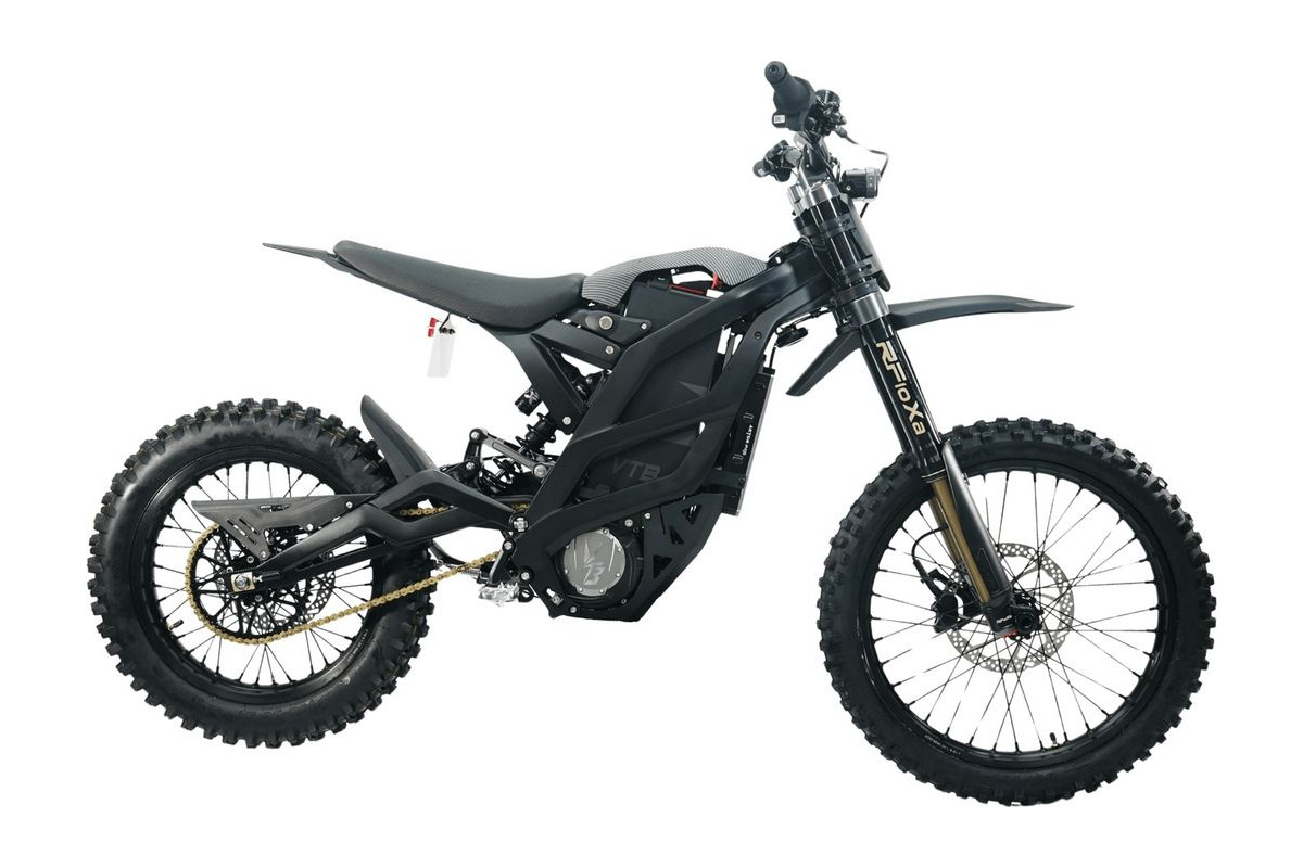 Ventus One Plus electric dirt bike in black, right-side studio profile on a white background