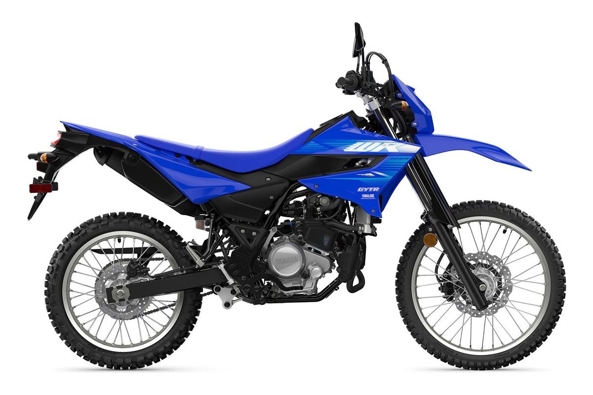 2027 Yamaha WR125R dual-sport in Team Yamaha Blue, right-side studio profile showing spoked wheels, upswept exhaust and knobby tires