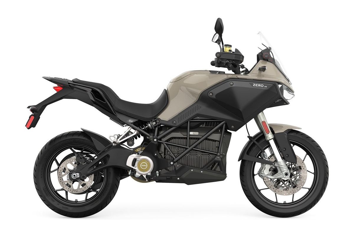 2026 Zero DS electric adventure motorcycle in khaki, right-side studio profile on a white background
