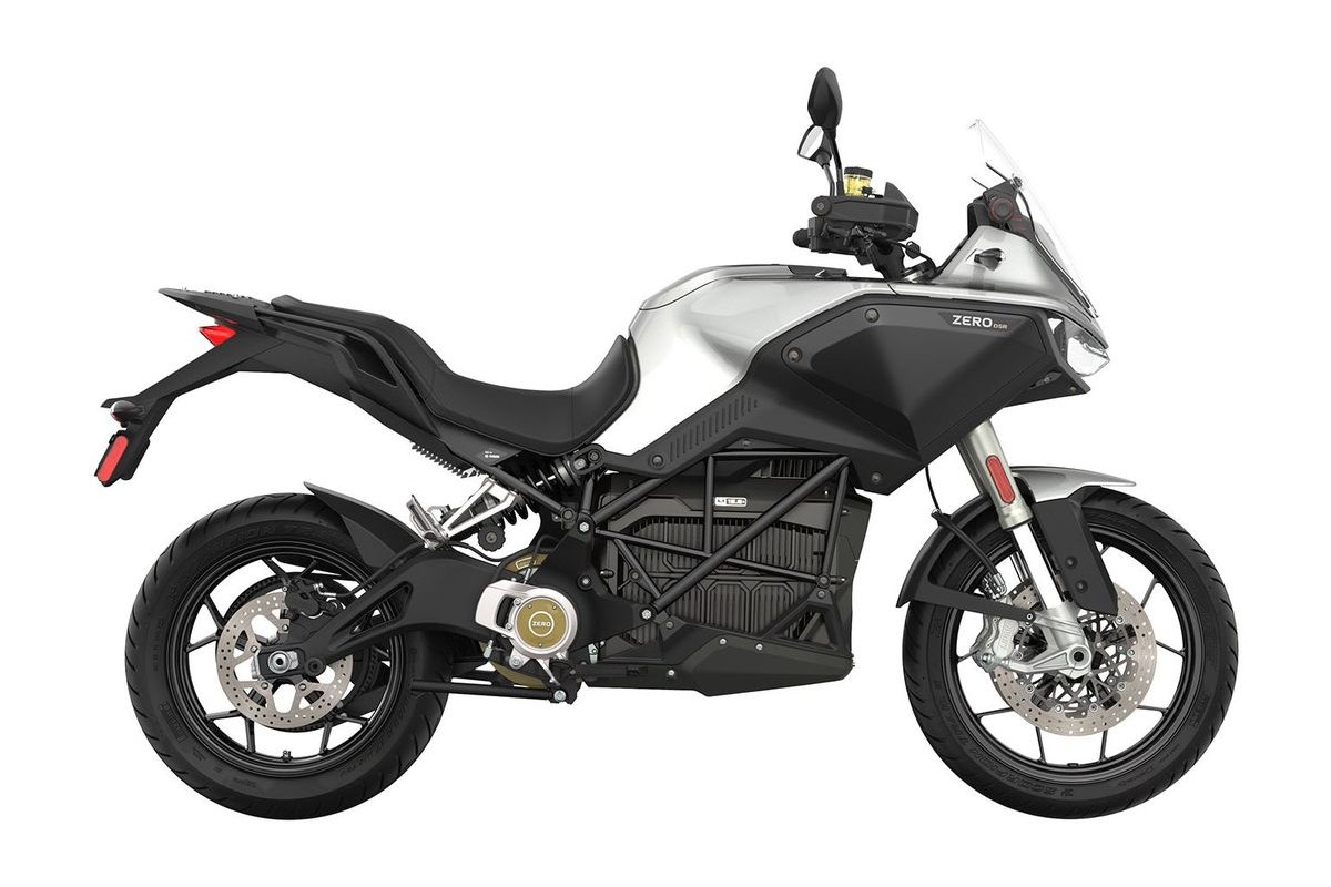 2026 Zero DSR electric adventure motorcycle in silver, right-side studio profile on a white background
