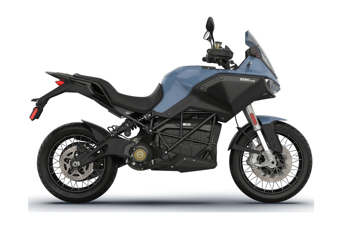 2026 Zero DSR/X electric adventure motorcycle in blue, right-side studio profile on a white background